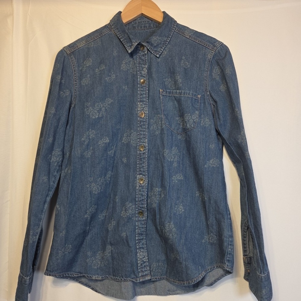 Bullhead Black Floral Chambray Denim Button Up Shirt Women's M Medium